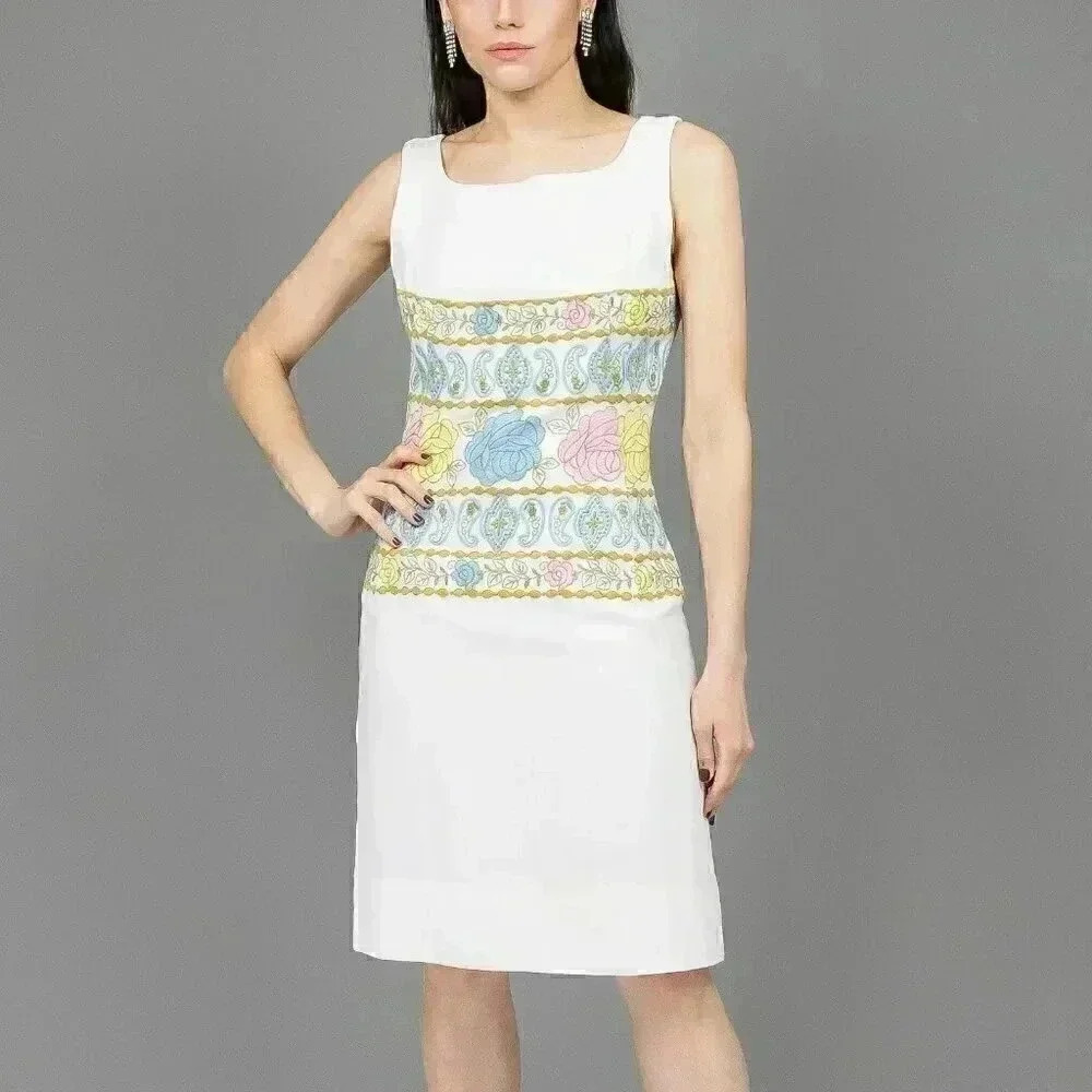 Vintage Floral Embroidered Sheath Short Dress Size Small White Summer Tank Dress